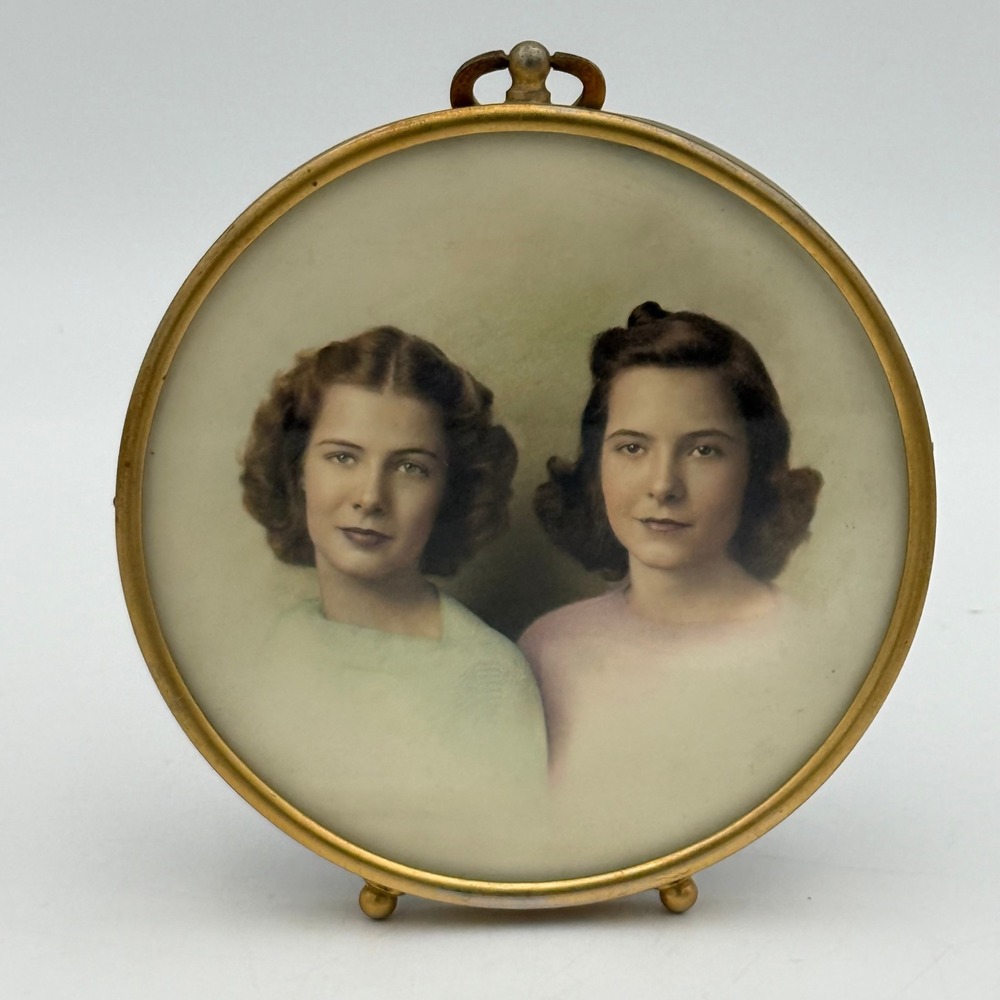 Vintage Round Brass Frame Convex Glass Hand TintedPortrait Two Women Mid Century